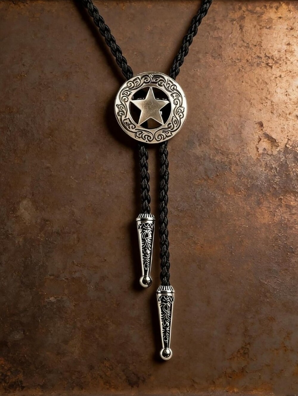 Western Texas Star Silver Bolo Tie Necklace Southwestern Cowboy Rodeo Gift
